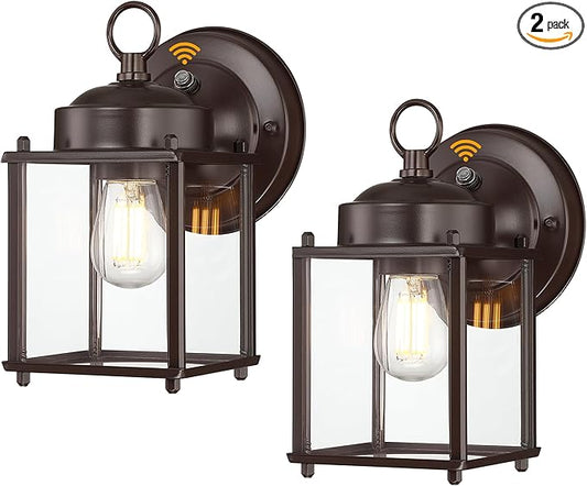 Dusk to Dawn Outdoor Wall Lantern, Exterior Waterproof Sconces Lighting Wall Mount, Front Porch Light, Anti-Rust Metal Outside Light Fixtures with Clear Glass, Matte Bronze, 2-Pack