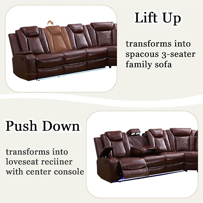 Living Room Furniture Sets, Power Recliner Sofa Sectional Sofa with LED Light for Living Room, Brown Leather Reclining Sectional Couches Set, Cup Holder, Storage Console for Home Theater Seating