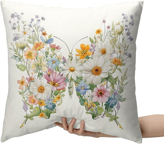 Set of 2 Colorful Butterfly Floral Pillow Covers Spring Summer Sunflower Throw Pillow Covers 24x24 Farmhouse Wildflowers Decorative Cushion Cases for Home Living Room Sofa Couch