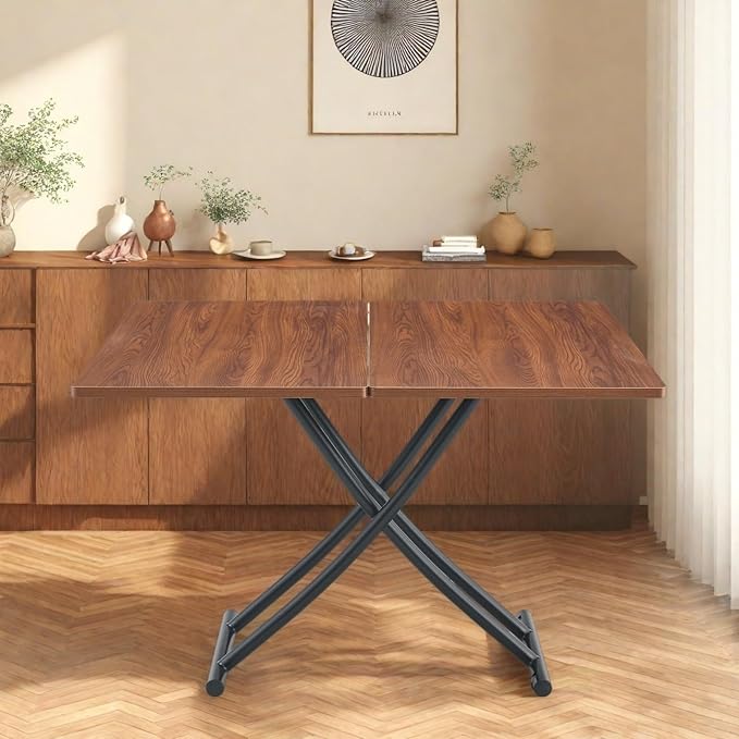 Coffee Table, Rectangle Dining Tables with Adjustable Height, Modern Multifunctional Lift Table with Wooden Surface for Living Room, Apartment, Office, Kitchen or Dining, Black Dark Walnut