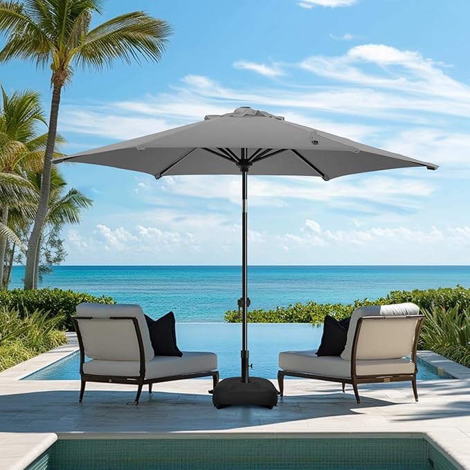 wikiwiki 7.5FT Patio Umbrella with Base, Outdoor Umbrellas with Base Included, 6 Sturdy Ribs, Waterproof Fade Resistant POLYESTER DTY Canopy for Deck, Lawn, Garden, Backyard & Pool, Dark Gray