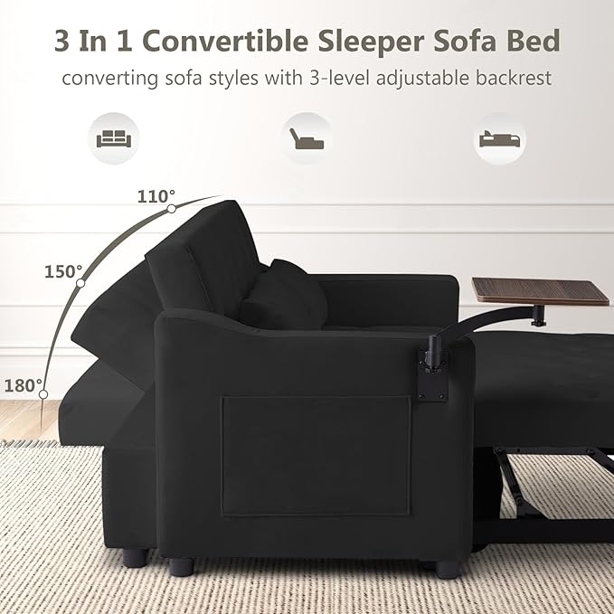 Yafylly 3 in 1 Loveseat Sofa, 3-Level Adjustable Backrest Convertible Sleeper, Pull Out Couch Bed with 360° Rotating Side Table for Bedroom, Apartment, Black