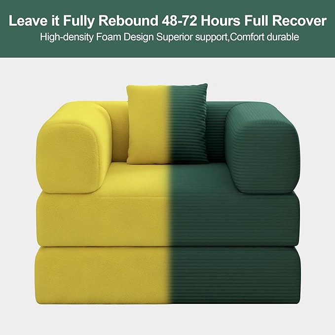 BSHOMGI Folding Sofa Bed, 2 in 1 Convertible Sofas to Lounger Comfy Single Bean Bag Chair Floor Portable Foldable Sleeper Lazy Futon Couch Chair for Bedroom, Living Room (Green, 35.43" Single Sofa)