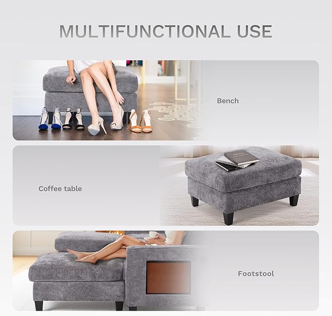 MALOL 118" U-Shaped Sectional Couch, 4-Seat Modular Sofa with USB Type C Ports, 2 Ottomans and Foldable Side Table, Grey for Living Room