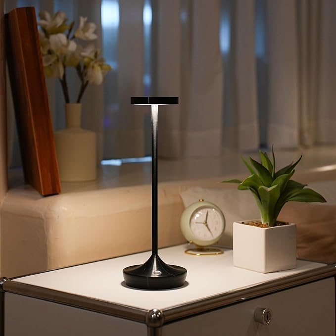 LED Cordless Table Lamp Rechargeable，Outdoor Battery Operated Desk Lamp Touch 3 Color Dimming Portable Waterproof Night Light for Patio/Restaurant/Dining/Home (Black)