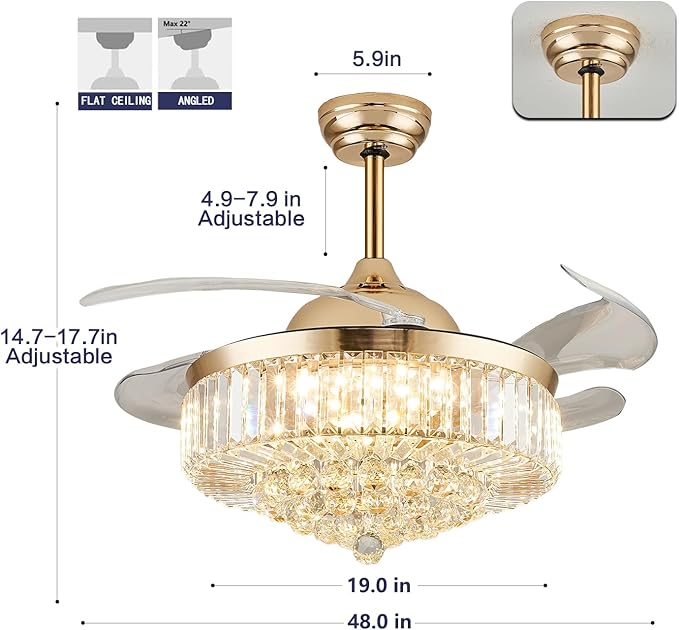 DuMaiWay 48" Dimmable Crystal Ceiling Fan with Light, Fandelier,Chandelier Fan with 4 Retractable Blades LED Remote APP Control for Living Room, Bedroom, Dining Room 6 Speed-Gold