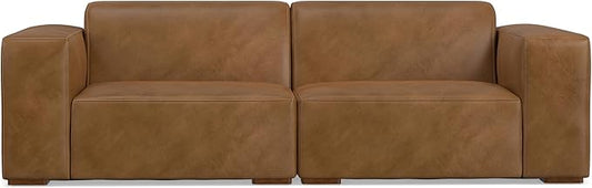 SIMPLIHOME Rex 2-Seater Modular Sofa in Full-Grain Genuine Leather, Caramel Brown, 88-inches Wide, Handcrafted Leather Loveseat Sofa for Living Room
