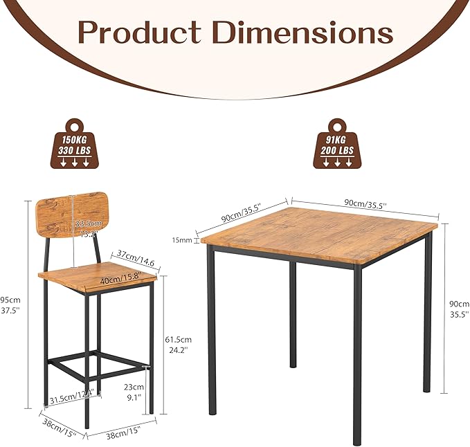 Kitchen Table and Chairs of 4, 5 Piece Dining Table Set, Sturdy Industrial Space Saving Dinette Set for Pub, Family Dinners, Apartment, Teak