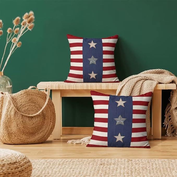 BETGINY 4th of July Pillow Covers 18x18 Set of 2, American Flag Stars and Stripes Freedom Throw Pillow Covers Linen Farmhouse Liberty Patriotic Independence Day for Couch Sofa Home Outdoor Decor