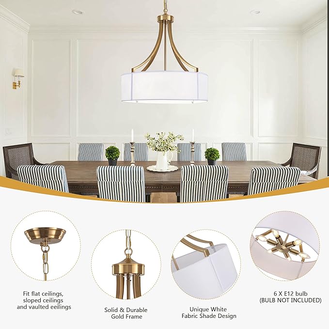 20" Modern Gold Farmhouse Drum Chandeliers for Dining Room, 6-Light Rustic Drum Pendant Light with White Fabric Shade, Hanging Light Fixture for Living Room Bedroom Foyer Kitchen Island Entryway