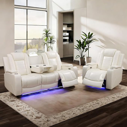Power Leather Recliner Sofa Set with LED Light,Reclining Sofa and Chair Set with Coffee Table/USB Charger/Storage,Leather Couch for Living Room Furniture Sets(3+1 Seats,Cream Stripes)