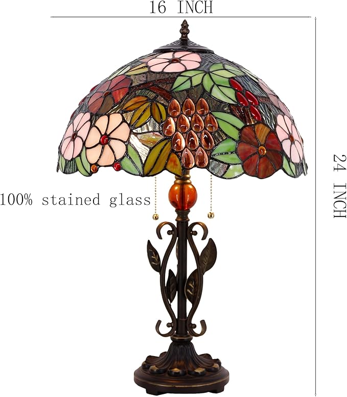 Tiffany Table Lamp Grapes Stained Glass Desk Reading Light 16X16X24 Inch Metal Leaf Base for Bedroom Living Room Home Office