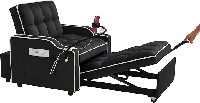 Convertible Sofa Bed, 3 in 1 Futon Sofa Bed with USB Charging Ports, Cup Holder, Phone Stand & Pocket, Modern Upholstered Sleeper Sofa for Living Room, Apartment or Small Space (Black)