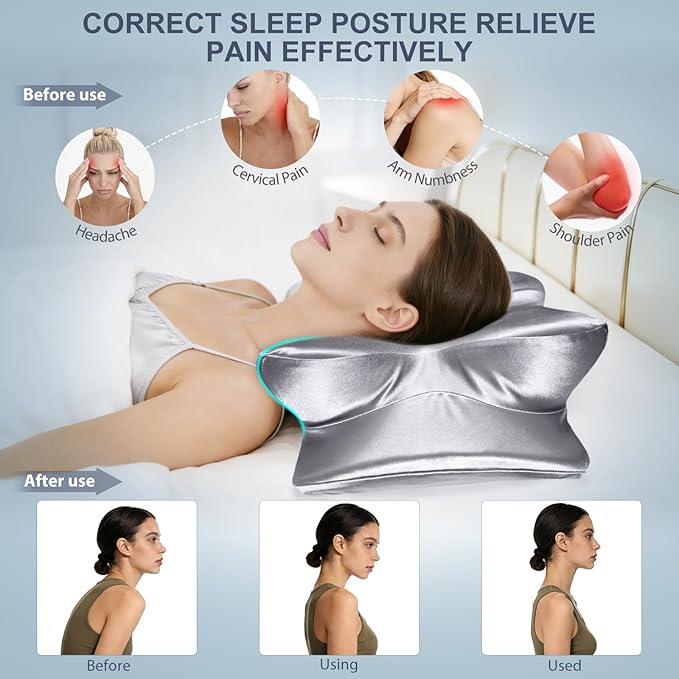 CCidea Bed Pillow for Sleeping, Ergonomic 50D Memory Foam Pillow, Adjustable Dual Height Support Pillow for Side Back Stomach Sleepers, Satin Cooling Breathable Pillowcase, US Patent, Odorless