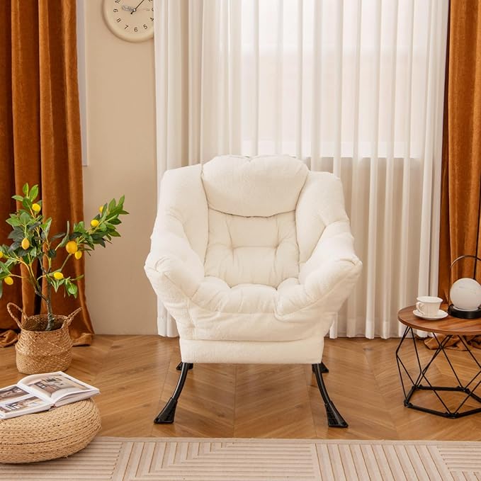GORELAX Modern Lazy Chair,Upholstered Lounge Accent Chair, Single Leisure Sofa Chair with Armrests & Side Pocket, Comfy Reading Chair for Bedroom, Living Room, Dorm Room (Plush Beige)