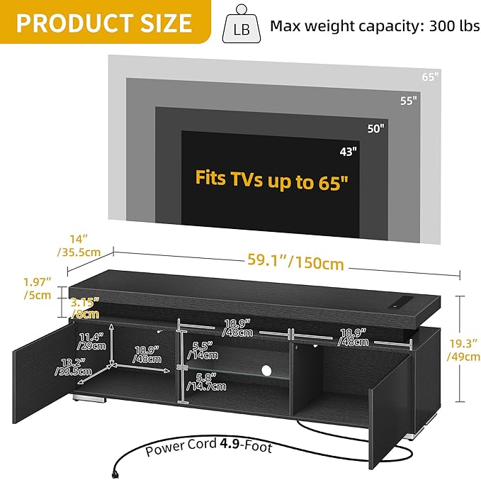 DWVO LED TV Stand for 65 inch TV w/Power Outlet, TV Stands for Living Room, Entertainment Center with Storage, Modern Television Stand, Gaming Media Stand, Black
