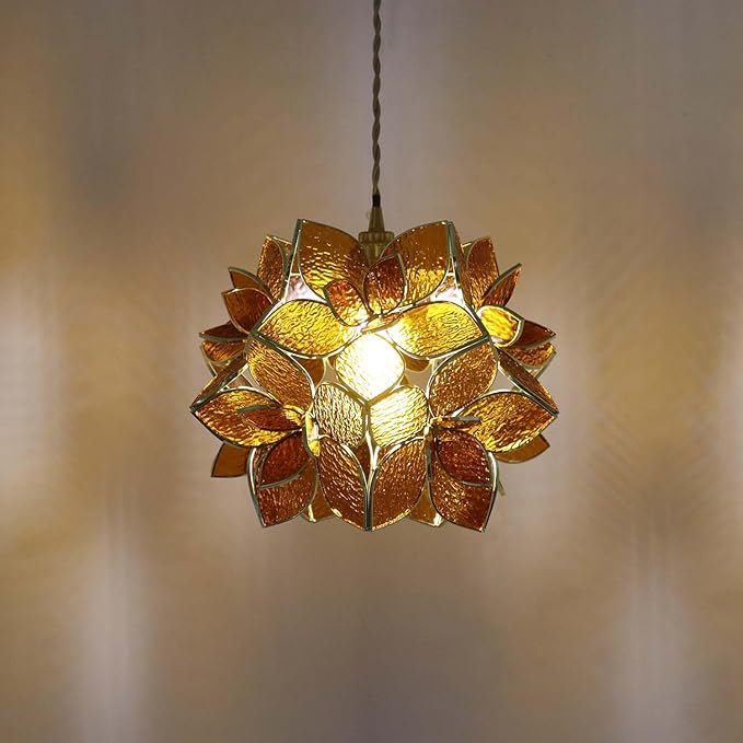 Bieye L11013 Petals Tiffany Style Stained Glass Ceiling Pendant Light for Home Decoration (Textured Amber, 12" Rose Lily)