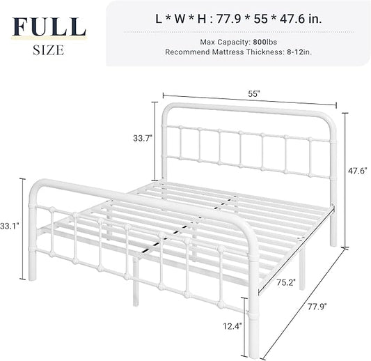 Allewie Full Size Metal Platform Bed Frame with Victorian Style Wrought Iron-Art Headboard/Footboard, No Box Spring Required, White