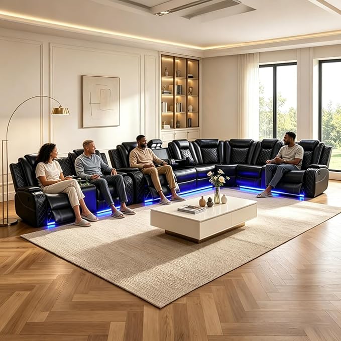 Power Reclining Sectional Sofa with LED, Leather Recliner Couch for Living Room/Home Theater, Sectional Reclining Couches with USB Port/Hide-Away Storage