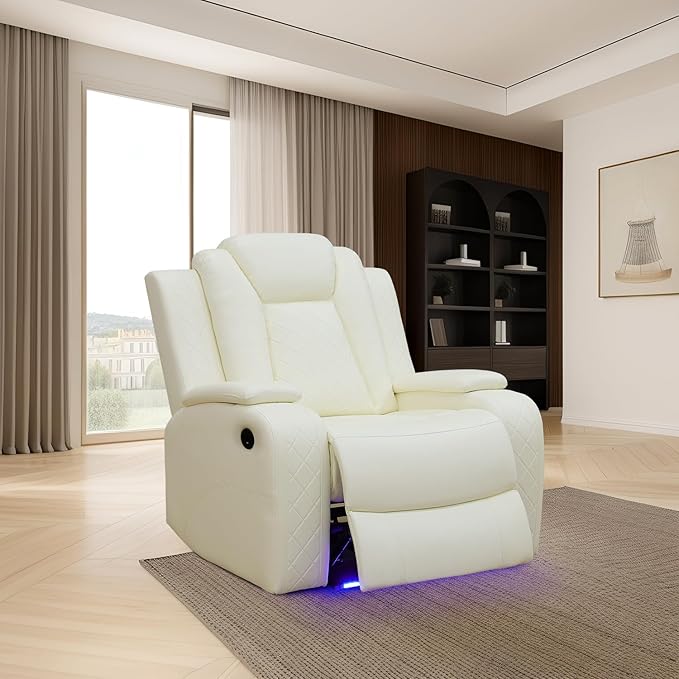 Power Leather Recliner Sofa with LED Light，38" Power Single Recliner Chair USB Port/Storage Armrest,Leather Couch for Living Room/Office/Lounge/Rv Car/Club/Apartment(White,Chair)