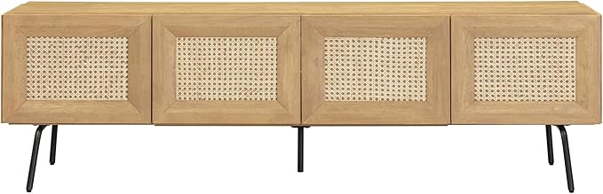 NTC Mossic TV Media Cabinet with 4 Doors for TVs, Entertainment Center with Natural Rattan, Metal Legs, Modern Storage Console for Living Room and Bedroom, Effortless Assembly, Sand