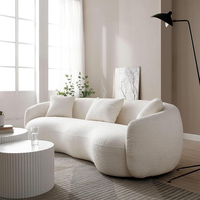 Modern Curved Sofa, 93.6" 4-Seater Boucle Cloud Couch with 3 Pillows, Comfy Upholstered Sofas for Living Room, Apartment, Office, Off-White