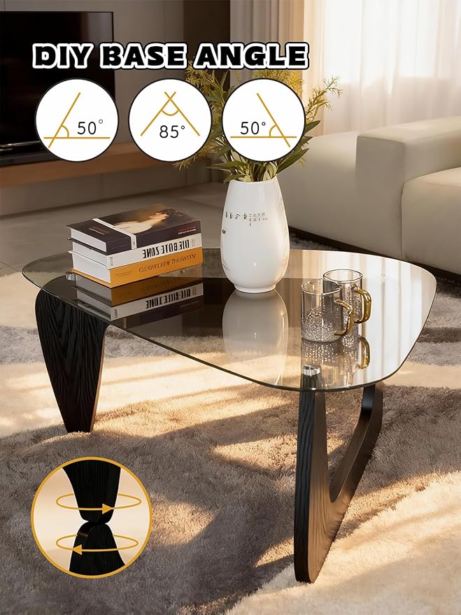 Morden Coffee Table,Glass Coffee Table with Natural Wood Legs,42.5" x 28.5" x 16" Triangle Tempered Glass Top for Living Room, Black