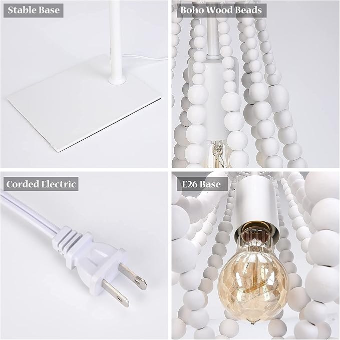 Boho Table Lamp for Bedroom, Wood Beaded Bedside Lamp, 1-Light, Farmhouse Desk Lamp, White Standing Lamp, Plug in Night Light for Night Table, Living Room