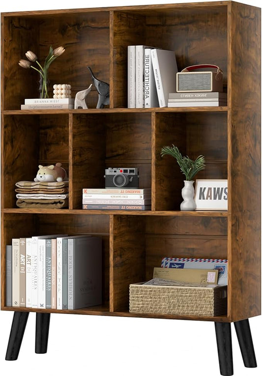 LEYAOYAO 7 Cube Bookshelf, 3 Tier Modern Bookcase with Legs, Mid-Century Modern Wood Book Shelves Storage, Rustic Brown Book Case, Freestanding Organizer Display Shelf for Bedroom,Living Room,Office