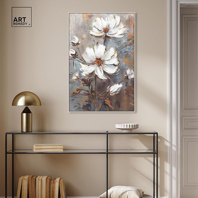 Art Remedy White Textured Flowers Canvas Elegant Floral Wall Art, Silver Frame, 24" x 36"