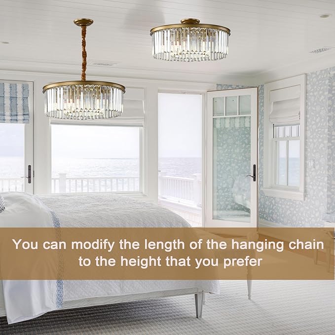 Gold Modern Crystal Chandelier Lighting Semi Flush Mount Ceiling Light Fixture 2-Tier K9 Crystal Hanging Pendant Light for Dining Room Kitchen Island Living Room Bedroom Hallway 21.6inch