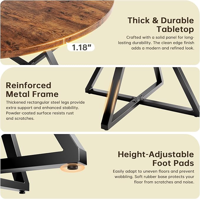 Concho 47" Round Dining Room Table for 4-6,Circle Kitchen Dining Dinner Table with Pedestal Metal Frame,Space Saving Wood Kitchen & Dining Room Furniture, Rustic Brown