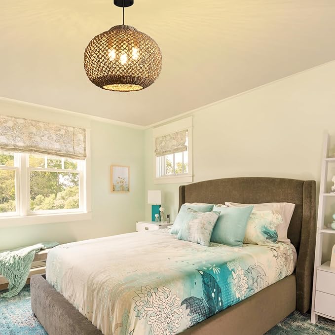 16.94" Rattan Pendant Light Fixture, 3-Light Woven Wicker Seagrass Hanging Lighting Boho Coasta Rattan Chandelier of Kitchen Island Farmhouse Dining Room Entryway Foyer