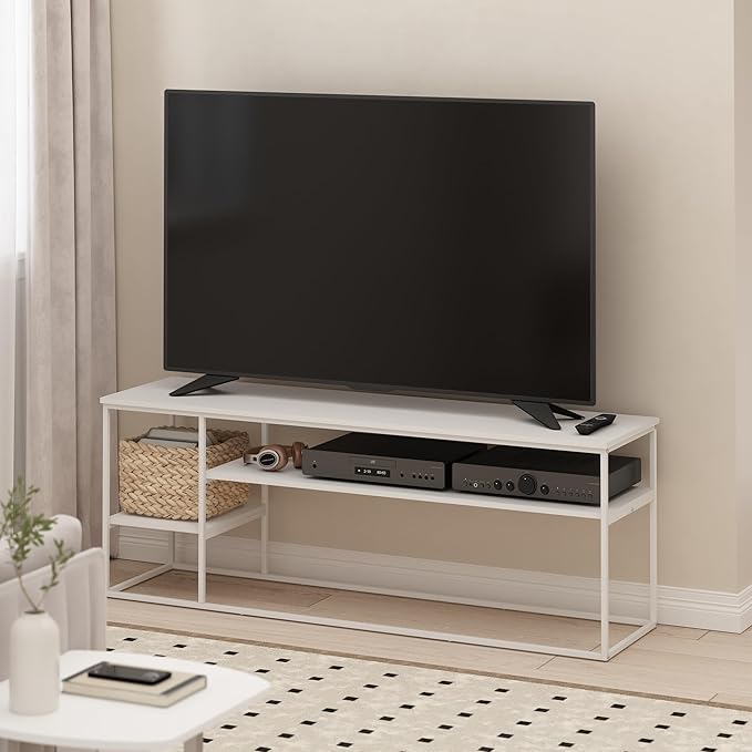 Furinno Moretti TV Stand, 3-Tier Metal Frame Modern Entertainment Center, Open Shelf TV Console for TV up to 60 Inch, for Living Room, Bedroom, Solid White