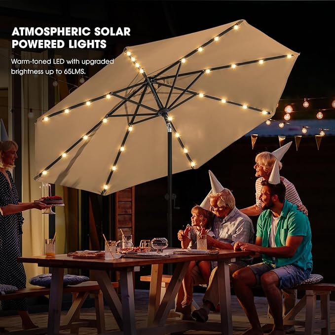 wikiwiki 10FT Solar Led Patio Umbrella with Base Included, 32 LED Lights, 8 Sturdy Ribs, Fade Resistant Waterproof POLYESTER DTY Canopy for Garden, Lawn, Deck, Backyard & Pool, Tan