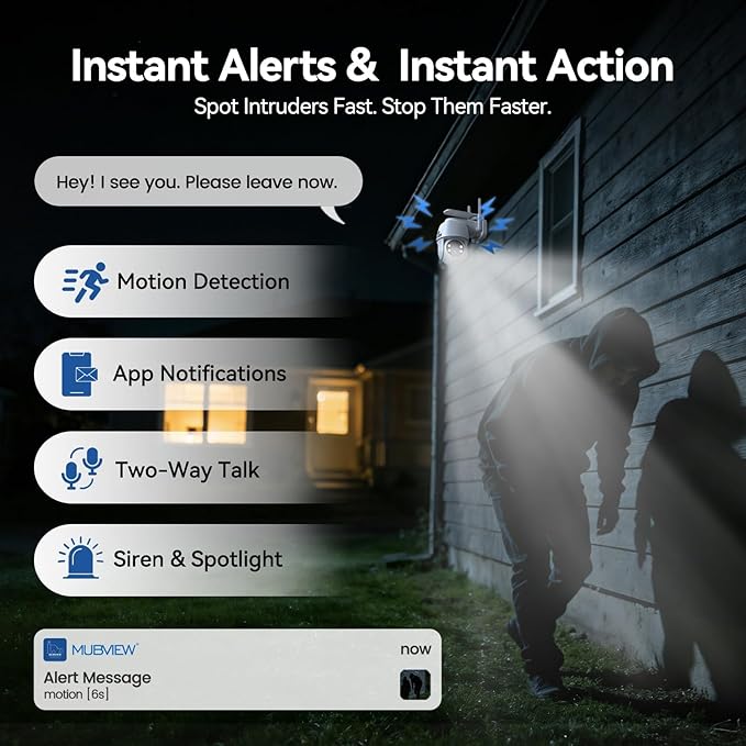 MUBVIEW 24/7 Continuous Recording Wireless Outdoor Security Camera, 2.4G WiFi, 2K Solar Powered, 360° PTZ, Auto Tracking, SD Included, Optional Cloud Storage, AI Detection, Night Vision(White,1 Pack)