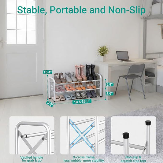 2-Tier Expandable Shoe Rack for Closet Floor, X-Frame Metal Small Shoe Rack for Entryway, Adjustable Shoe Shelf Organizer, Free Standing Shoe Racks for Front Door Entrance, Garage - White