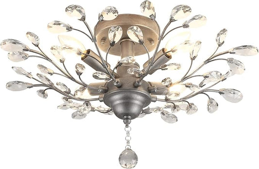SEOL-Light 24.5" Dia 4-Light Frozen Crystal Branch Close to Ceiling Light Silvery Grey Flush Mount Fixture,E12,160W, Chandeliers for Bedroom,Living Room,Entryway;