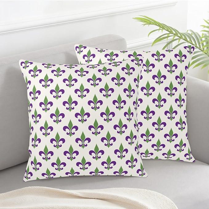 Mardi Gras Throw Pillow Covers 18x18 Set of 2 Purple Green Fleur De Lis Pillow Cases Outdoor Holiday Decorative Pillow Covers Home Sofa Couch Porch Decor
