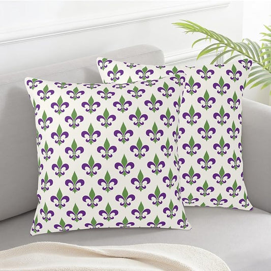 Mardi Gras Throw Pillow Covers 24x24 Set of 2 Purple Green Fleur De Lis Pillow Cases Outdoor Holiday Decorative Pillow Covers Home Sofa Couch Porch Decor