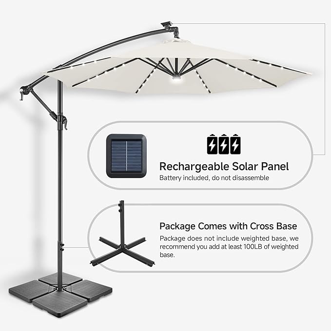 FLAME&SHADE 10ft Solar Cantilever Umbrella with 40 LED Lights, Lighted Large Offset Outdoor Patio Umbrellas, 8 Sturdy Ribs, UPF50+ UV Protection for Pool Deck Garden Yard, Ivory