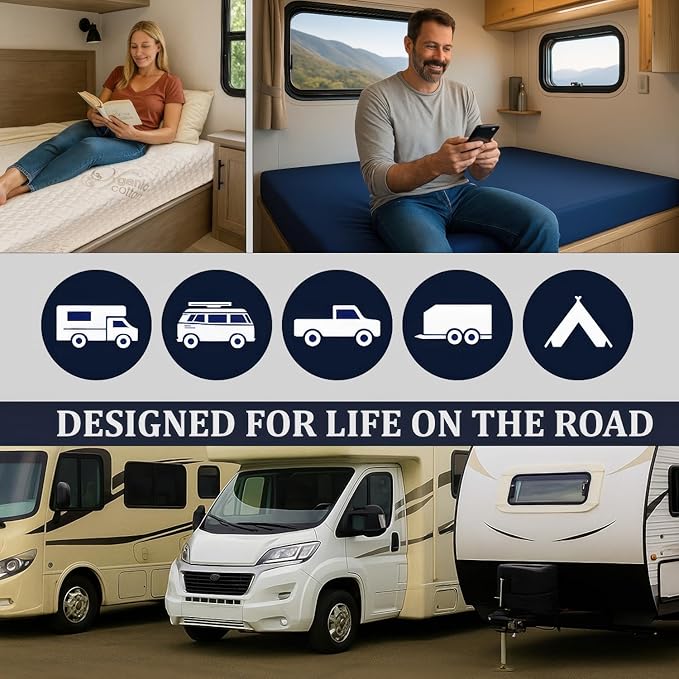 Foamma 12” x 36” x 75” High Density Gel Memory Foam RV Bunk Mattress Foam Replacement Topper with Polyester Navy Blue Cover for Camper, Truck, Travel Trailer, Firm, Water Resistant, Made in USA