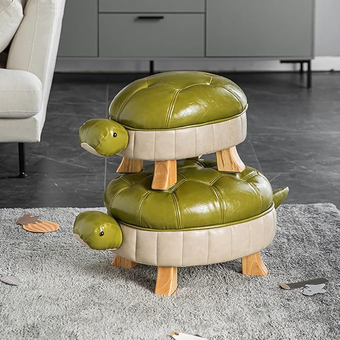 Animal Ottoman Footstool, Turtle Sofa Stool, PU Leather Upholstered Wood Ottoman Foot Stool (Color : Green-S)