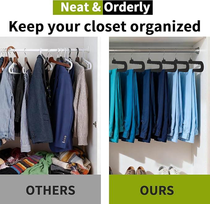 ManGotree Non Slip Velvet Pants Hangers, Open Ended Felt Jean Hangers for Closet Organizer, Heavy Duty Space Saving for Trousers, Slacks, Shorts, Dress, Scarf (20 Pack, Black)