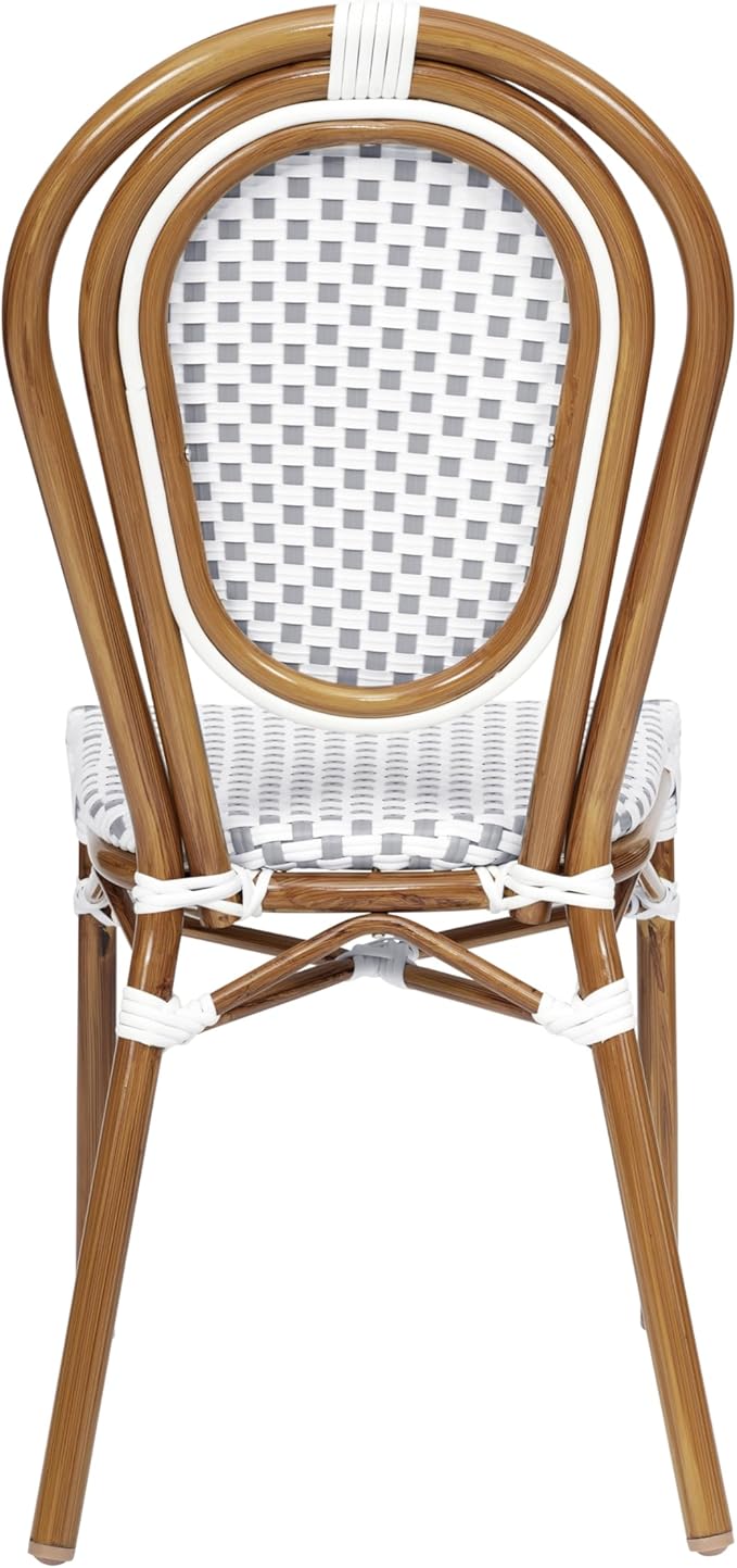 Flash Furniture Lourdes Indoor/Outdoor Commercial Thonet Bistro Stack Chair - White/Gray PE Rattan Back and Seat - Natural Bamboo Print Metal Frame