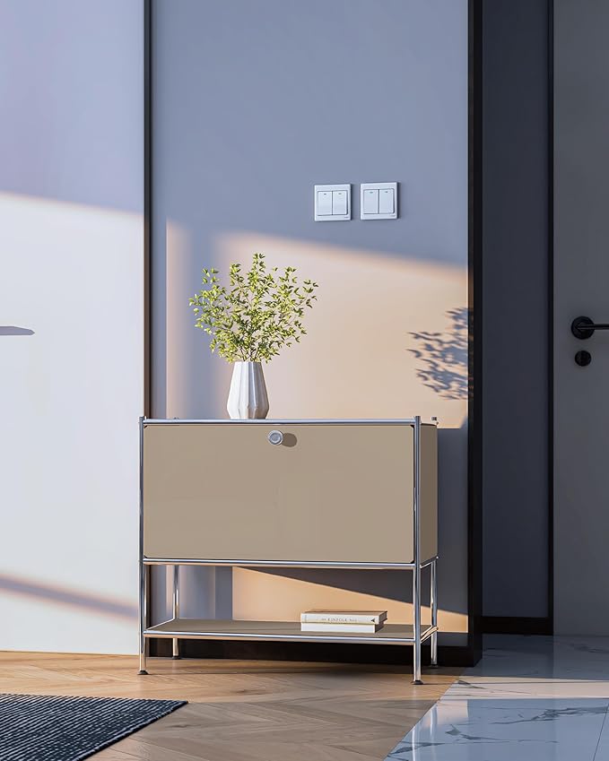 Metal Sidetable with Flap Door, 27.5" Height - DIY Modern Furnishing for Home, Office, Foyer, Bedroom - Night Stand, Book Shelf, Bookshelf, Cube Storage Organizer, Bedside Table (Taupe)