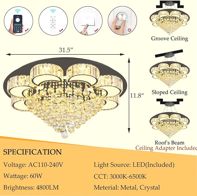 31.4'' Black Modern Crystal Chandeliers for Dining Room LED Dimmable Light Fixtures Flush Mount Light Living Room Bedrooms