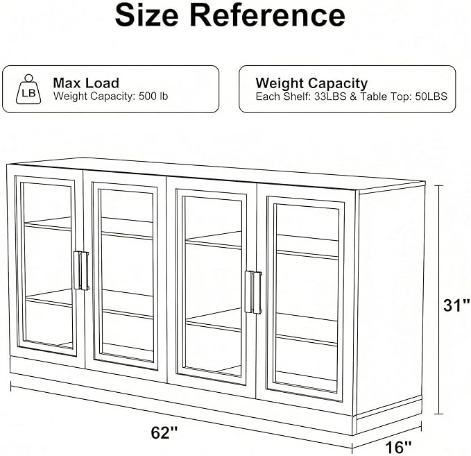 Casaphoria Adam Sideboard Buffet Cabinet with Storage, Display Cabinet with Glass Doors & Adjustable Shelves, 62" W x 31" H Buffet Cabinet for Entryway Kitchen Living Room, Oak