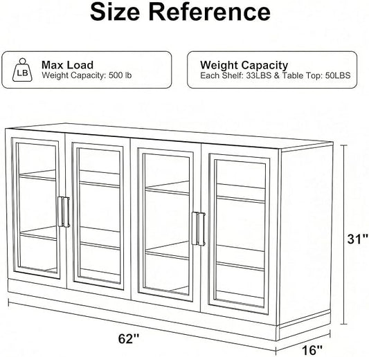 Casaphoria Adam Sideboard Buffet Cabinet with Storage, Display Cabinet with Glass Doors & Adjustable Shelves, 62" W x 31" H Buffet Cabinet for Entryway Kitchen Living Room, White