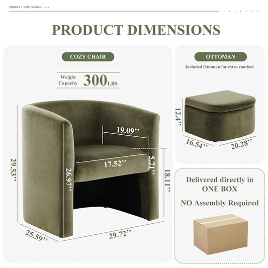 COLAMY Morden Velvet Living Room Side Chair with Storage Ottoman Set of 2, Single Sofa Armchair with Lounge Seat, Upholstered Barrel Accent Chair for Bedroom/Office/Reading Spaces, Green
